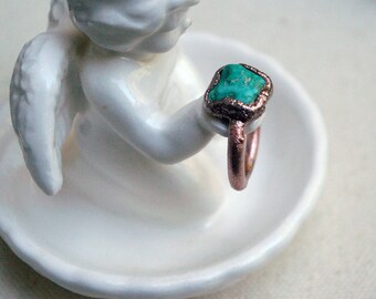Raw Turquoise Ring, Electroformed Recycled Copper, Shimmer Finish