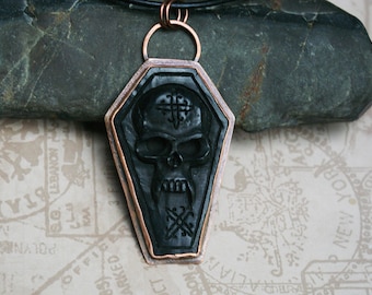 Coffin Skull Pendant, Carpe Noctem, Stamped Copper, Carved Buffalo Horn, Edler Futhark Runes