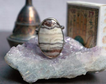 Crazy Lace Agate Ring, Nickel Silver Setting, Hammered Double Band, Size 7 1/4