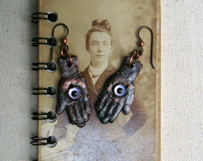 Hand of God Earrings, Purple Eyes, Recycled Copper on Niobium Earwires
