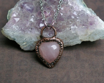 Rose Quartz Heart Pendant, Softer Side of Witchy, Textured Recycled Copper
