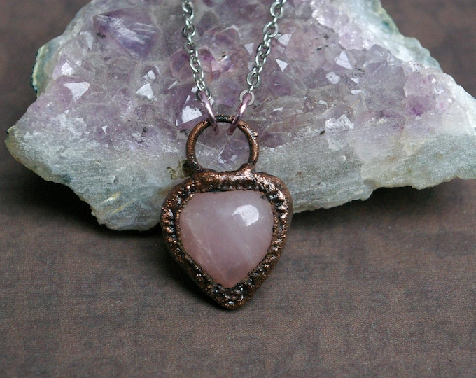 Rose Quartz Heart Pendant, Softer Side of Witchy, Textured Recycled Copper