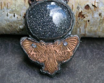 Midnight Quartzite Moth Pendant, Electroformed Recycled Copper, Knotted Silk Cord