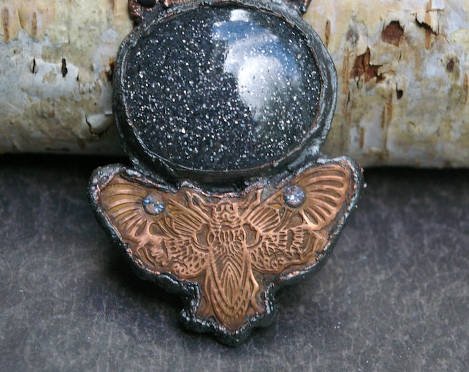 Midnight Quartzite Moth Pendant, Electroformed Recycled Copper, Knotted Silk Cord