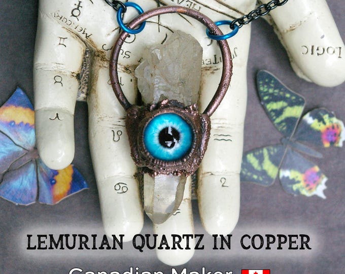 Eye Talisman Pendant, Lemurian Quartz Shard, Recycled Copper, Black Steel Chain