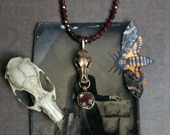 Garnet Choker, Bronze Coyote Skull, Faceted Beads, Raw Accent Stone