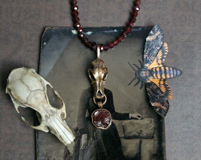 Goblincore Garnet Choker, Bronze Coyote Skull, Faceted Beads, Raw Accent Stone