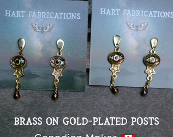 Occult-Inspired Eye Earrings, Hand-Fabricated Brass, Gold-Plated Steel Posts