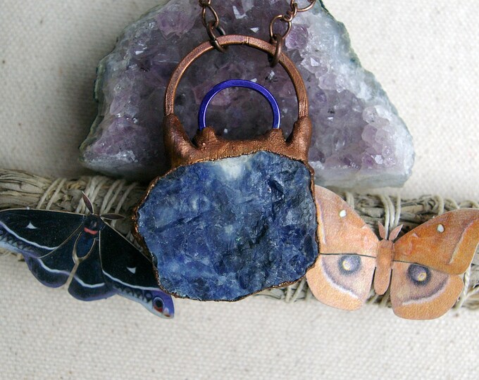 Raw Sodlite Slice Pendant, Anodized Aluminum, Textured Recycled Copper
