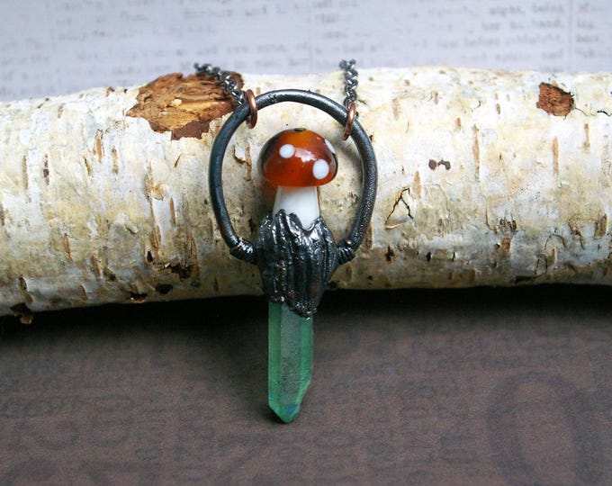 Mushroom Crystal Pendant, Recycled Copper, Aura Quartz, Fairy Forest Vibes