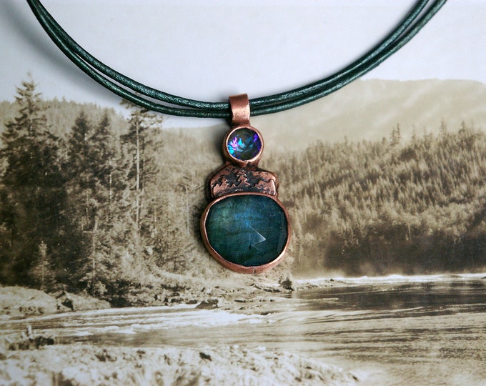 Summer Lake Island Choker, Rose Cut Labradorite, Recycled Copper, Metallic Teal Leather Cord
