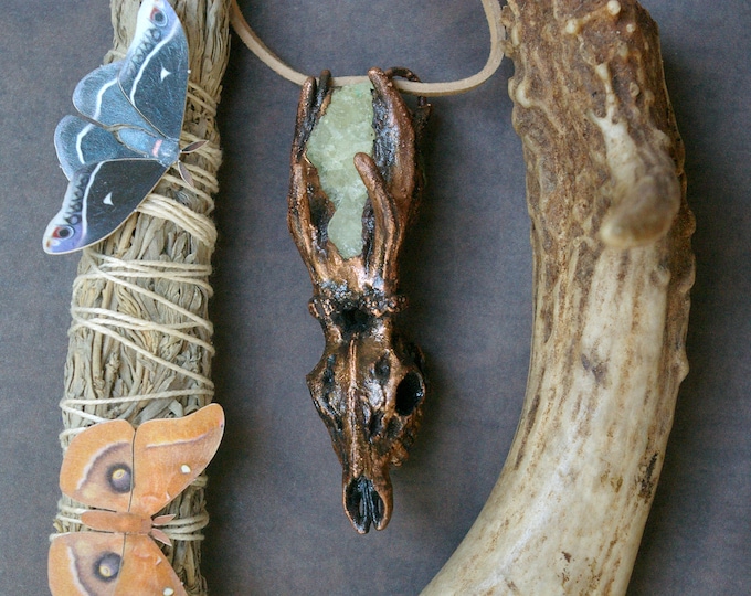 Deer Skull Pendant, Raw Aquamarine, Recycled Electroformed Copper, Suede Cord