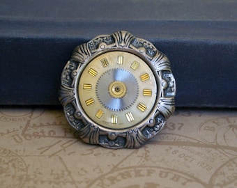 Upcycled Watch Dial Brooch, Vintage Wristwatch, Art Deco Steampunk Style