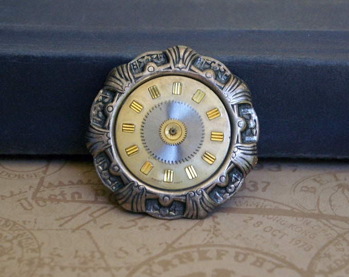 Upcycled Watch Dial Brooch, Vintage Wristwatch, Art Deco Steampunk Style