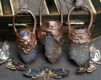 Spirit Quartz & Star Ruby Pendant, Electroformed Copper, Recycled T-shirt Yarn