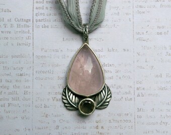 Rose Quartz & BC Agate Pendant, Satin Finish Sterling Silver, Textured Silk Ribbon