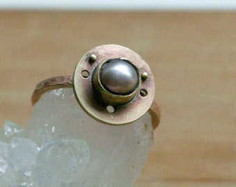 Pearl Brass Ring, Steampunk Style, Reclaimed Pocket Watch Part, Hammered Band, Size 7 Ring