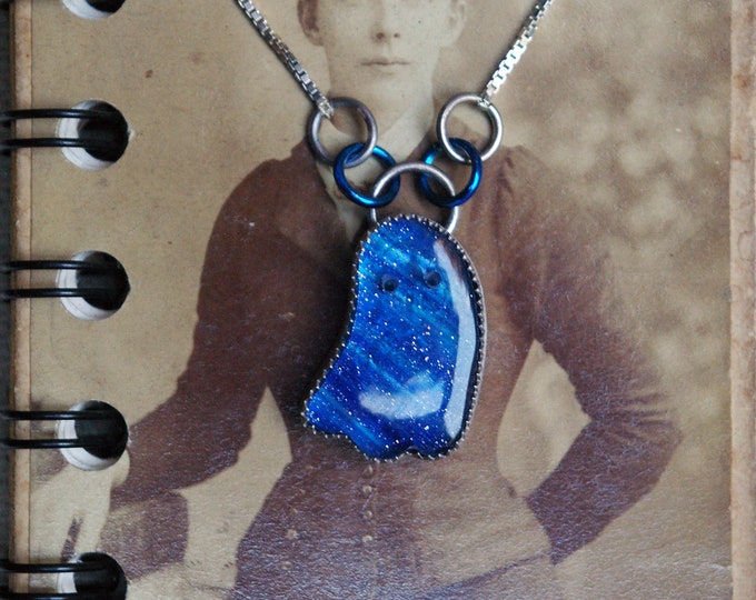 Creepy Cute Retro Style, Glass Ghost Charm, Sterling Silver Necklace
