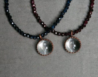 Crystal Ball Choker, Glass Orb in Copper on Ombre Beads, Choose Blue or Red