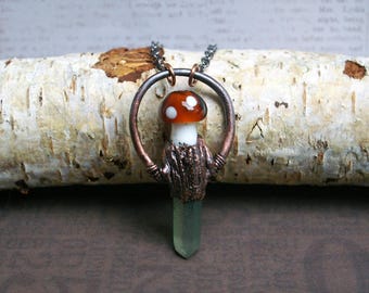 Mushroom Crystal Pendant, Recycled Copper, Aura Quartz, Fairy Forest Vibes