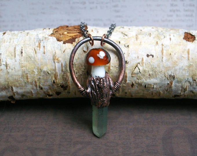 Mushroom Crystal Pendant, Recycled Copper, Aura Quartz, Fairy Forest Vibes