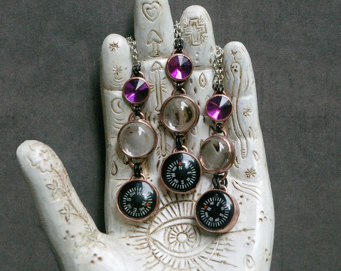 Compass Necklace, Upcycled Material, Magnifying Lens, Vintage Glass