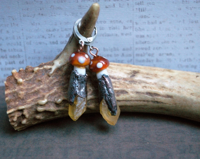 Mushroom Crystal Earrings, Recycled Copper, Aura Quartz, Fairy Forest Vibes