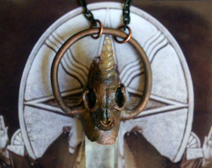 UniCat Skull Pendant, Witchy Talisman, Recycled Copper, Turritella Fossil, Quartz Point