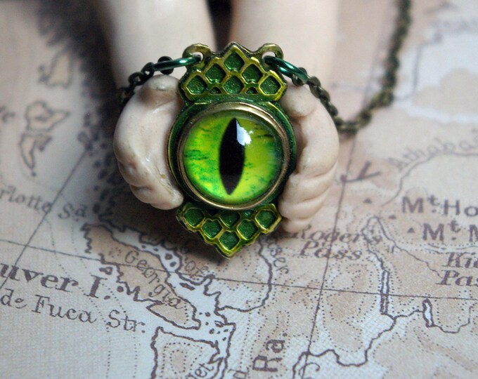 Ogopogo's Eye Pendant, Weirdcore Brass Necklace, Leaf-green Metal