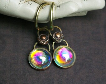 12g Brass Drop Ear Hangers, Vintage Aurora Glass Orbs, Hand-fabricated Settings