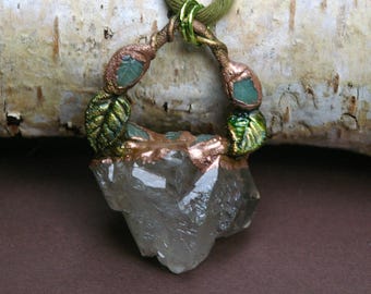 Wood Elf Necklace, Smoky Quartz Cluster, Emerald Leaves, Recycled Copper