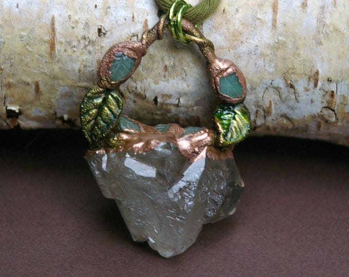 Wood Elf Necklace, Smoky Quartz Cluster, Emerald Leaves, Recycled Copper