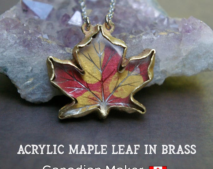 Rustic Maple Leaf Pendant, Acrylic in Brass, Stainless Steel Chain