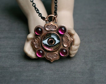 Eye Amulet Pendant, Anima Mundi, Recycled Copper Setting, Vitrail Pink Preciosa Stones
