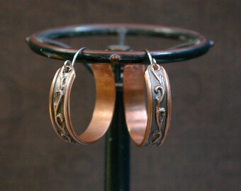 Hoop Earrings, Bramble Thorn Pattern, Painted Copper, Stainless Steel, Hand-formed Shape