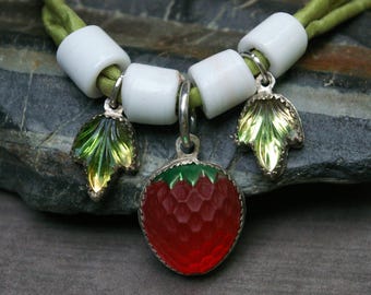 Strawberry Cottagecore Choker, Rustic Copper, Vintage Glass, Knotted Silk