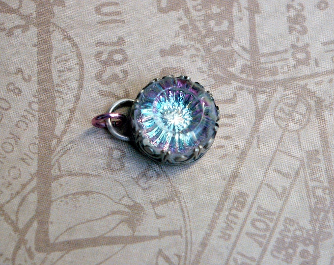 Blue-Pink Glass Charm, Sterling Silver Setting, Retro Style, Decorative Border, Aluminum Hoop