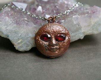 Copper Moon Choker, Garnet Eyes, Recycled Metal, Rhodium Chain