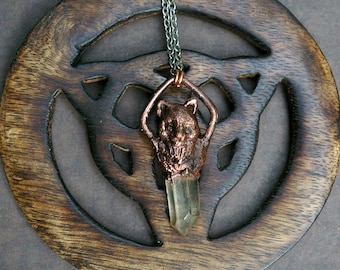 Kitten Pendant, Lemurian Quartz, Upcycled Figurine, Recycled Copper, Steel Chain