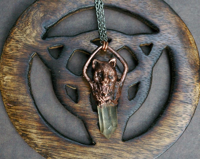 Kitten Pendant, Lemurian Quartz, Upcycled Figurine, Recycled Copper, Steel Chain