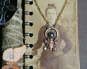 Fairycore Brass Beetle Necklace, Insect Jewelry, Vintage Glass Stones, AB Crystals