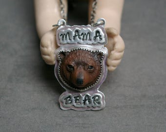 Mama Bear Necklace, Feminist Theme, Faux Taxidermy, Stamped Soldered Silver