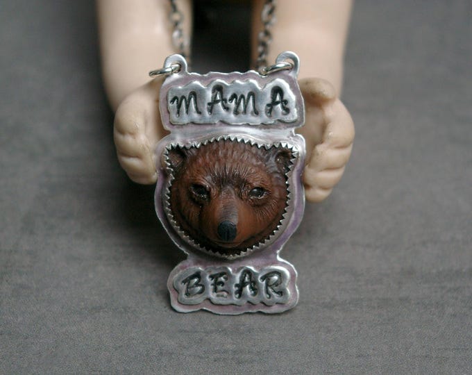 Mama Bear Necklace, Feminist Theme, Faux Taxidermy, Stamped Soldered Silver