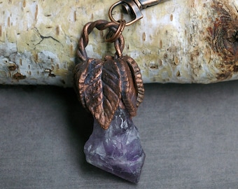 Witchy Bag Charm, Raw Purple Amethyst, Copper Leaves, Lobster Clip