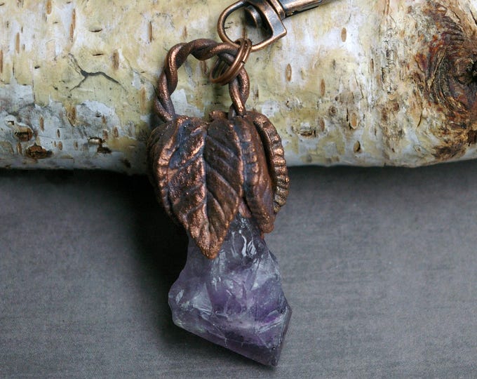 Witchy Bag Charm, Raw Purple Amethyst, Copper Leaves, Lobster Clip