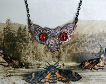Mothman Necklace, Red-eyed Moth Art, Cryptid Creature Jewelry