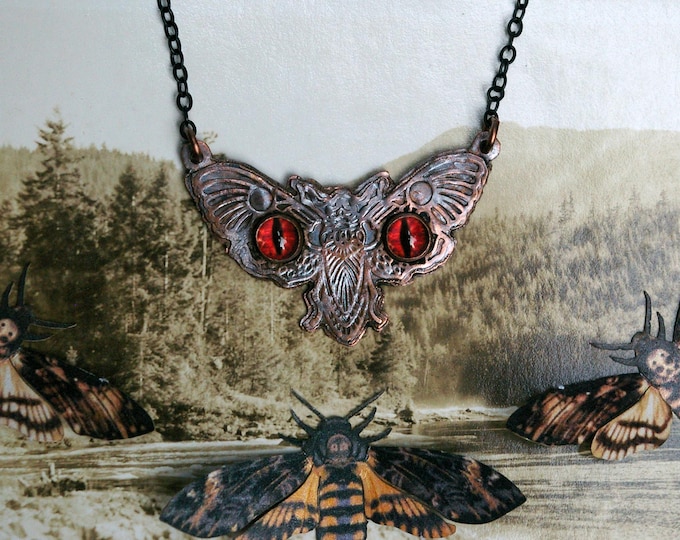 Mothman Necklace, Red-eyed Moth Art, Cryptid Creature Jewelry