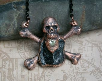 Halloween Necklace, Skull & Crossbones, Raw Obsidian, Recycled Copper, Alternative Style, Enamel Chain