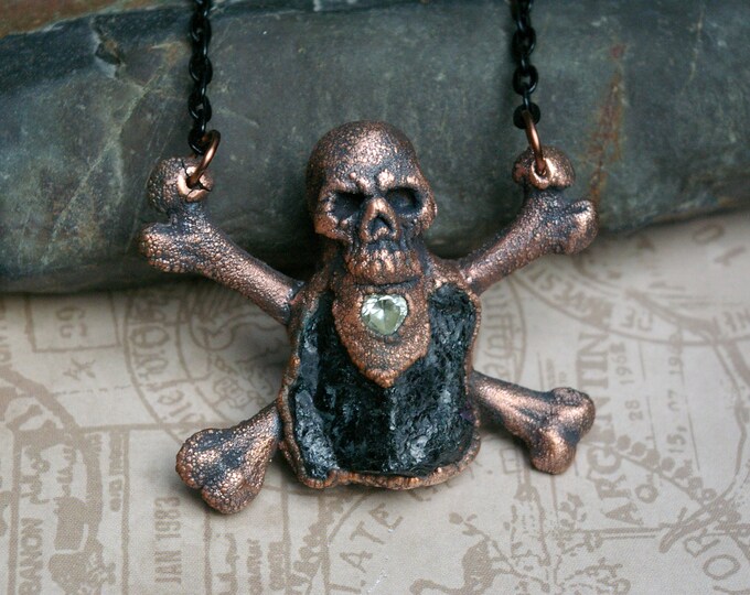Halloween Necklace, Skull & Crossbones, Raw Obsidian, Recycled Copper, Alternative Style, Enamel Chain