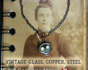 Haunted Skull Charm, Gunmetal Acrylic & Chain, Copper Setting